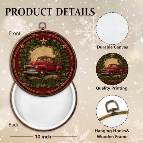 Rustic Christmas Red Truck Round Framed Wall Art 10"x10", alternate view 2