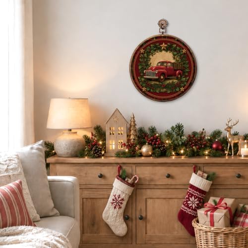 Rustic Christmas Red Truck Round Framed Wall Art 10"x10", alternate view 3