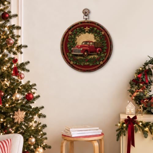 Rustic Christmas Red Truck Round Framed Wall Art 10"x10", alternate view 5