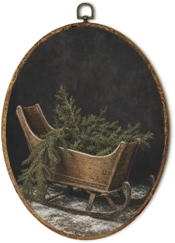 Rustic Christmas Sleigh Winter Oval Wall Art 8.5x11.5in