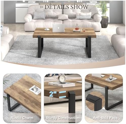 Rustic Coffee Table, Modern Wood and Metal Industrial Center Table for Living Room, 47 Inch Oak, alternate view 5