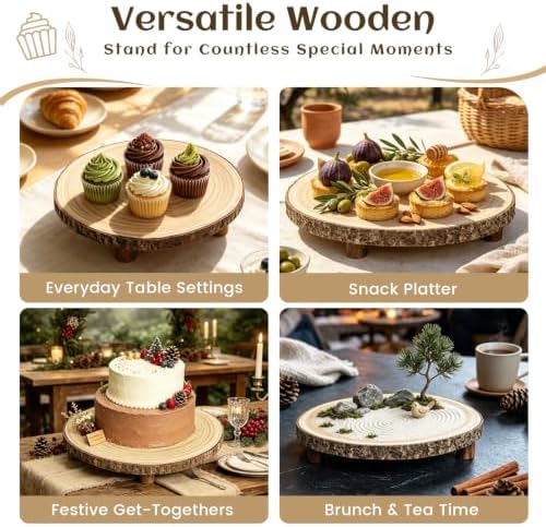 Rustic Live Edge Wood Cake Stand, 12-13 Inch Natural Wooden Slice Display Riser in burlywood, alternate view 6