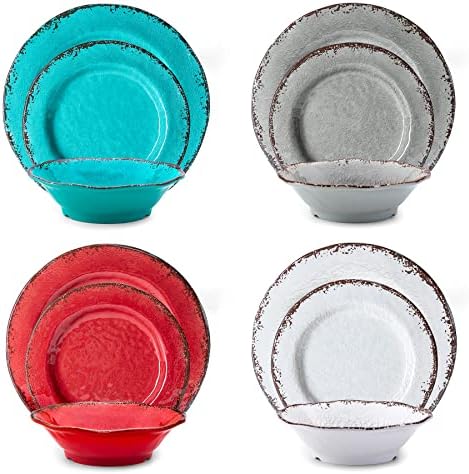 Rustic Melamine Dinnerware Set, 12 Piece Plate and Bowls Set for 4 in Multicolor