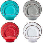 Rustic Melamine Dinnerware Set, 12 Piece Plate and Bowls Set for 4 in Multicolor