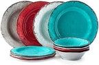 Rustic Melamine Dinnerware Set, 12 Piece Plate and Bowls Set for 4 in Multicolor, alternate view 4