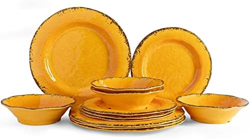 Rustic Melamine Dinnerware Sets for 4, Harvest Plates and Bowls Set in Gold
