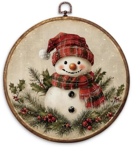 Rustic Snowman Christmas Round Framed Wall Art 10"x10"