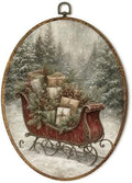Rustic Snowy Christmas Tree Sleigh Oval Wall Art 8.5x11.5in