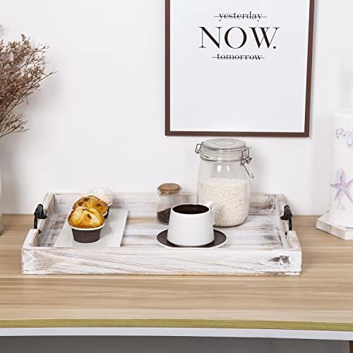 Rustic Vintage Big Wood Food Breakfast Serving Trays with Cutout Metal Handles(20 Inches) Large Nesting Board, alternate view