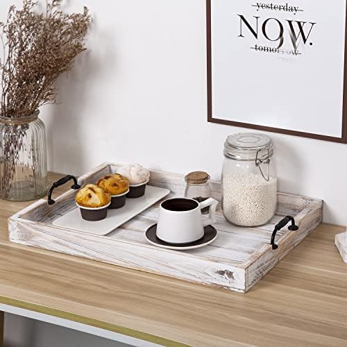 Rustic Vintage Big Wood Food Breakfast Serving Trays with Cutout Metal Handles(20 Inches) Large Nesting Board, alternate view