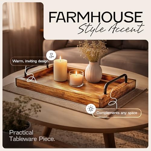 Rustic Vintage Food Serving Trays (Set of 2) | Nesting Wooden Board with Metal Handles | Stylish Farmhouse Decor, alternate