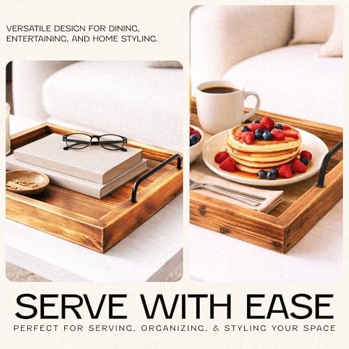 Rustic Vintage Food Serving Trays (Set of 2) | Nesting Wooden Board with Metal Handles | Stylish Farmhouse Decor, alternate