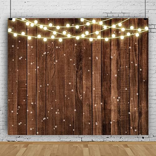 Rustic Wood Backdrop With String Lights - Brown Vintage Farmhouse Wedding Birthday Party Bridal Shower Banner