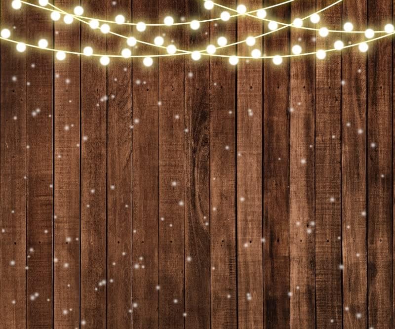 Rustic Wood Backdrop With String Lights - Brown Vintage Farmhouse Wedding Birthday Party Bridal Shower Banner, alternate view