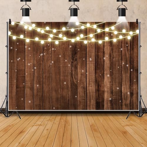 Rustic Wood Backdrop With String Lights - Brown Vintage Farmhouse Wedding Birthday Party Bridal Shower Banner, alternate view