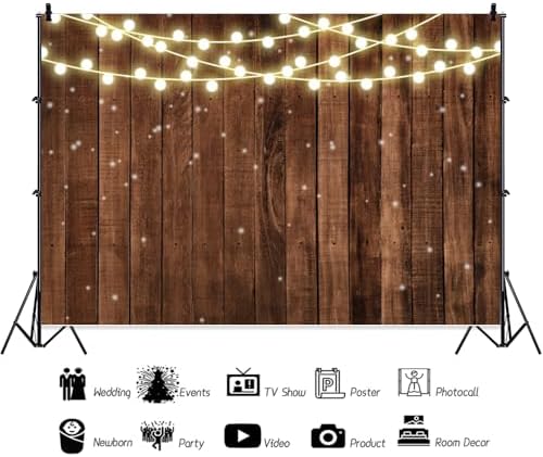 Rustic Wood Backdrop With String Lights - Brown Vintage Farmhouse Wedding Birthday Party Bridal Shower Banner, alternate view