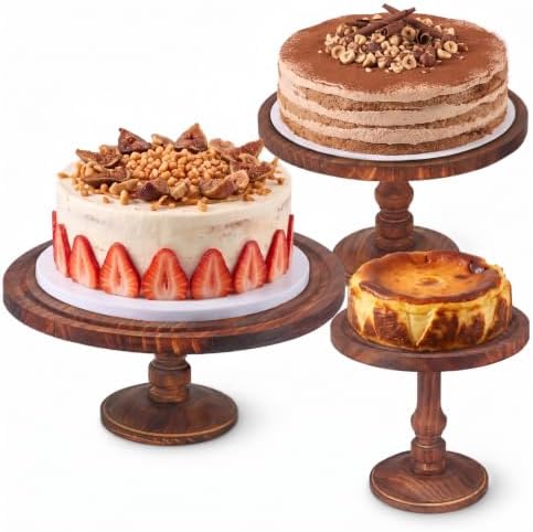 Rustic Wooden Cake Stand Set of 3 - Farmhouse Tiered Cupcake Display, Dessert Pedestals & Serving Trays for