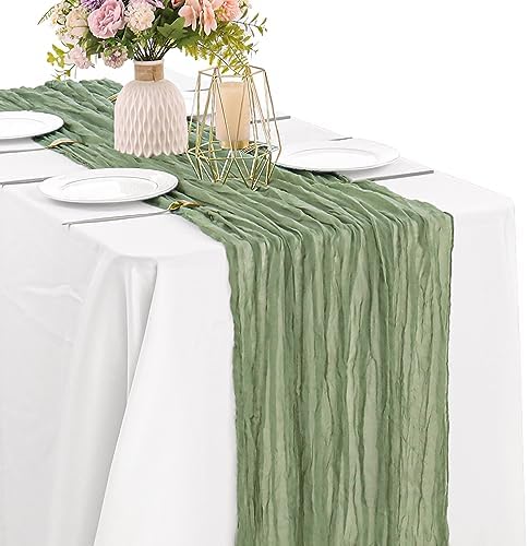 Sage Green 10FT Cheesecloth Table Runner Boho Gauze Fabric Table Runner Rustic Sheer Runner for Wedding Bridal