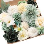 Sage Green Artificial Flowers Fake Roses Peonies Dahlia Greenery Combo Box Set for DIY Wedding Bouquets Bridal