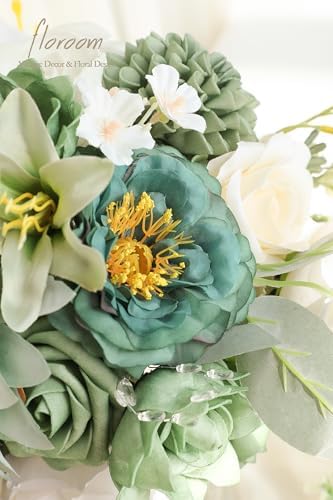 Sage Green Artificial Flowers Fake Roses Peonies Dahlia Greenery Combo Box Set for DIY Wedding Bouquets Bridal, alternate