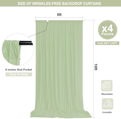 Sage Green Backdrop Curtain - 20x10FT Back Drop Curtains for Parties Wrinkle-Free Soft Polyester Backdrop, alternate view 2