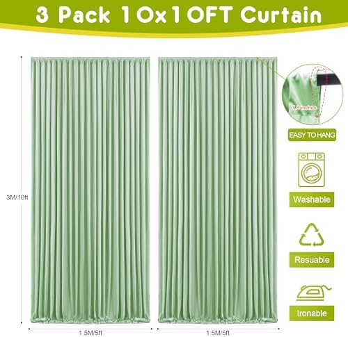 Sage Green Backdrop Curtain Drapes for Parties, 3Pack 10x10FT in (3 Pack)10FTx10FT in Sage Green, alternate view 2