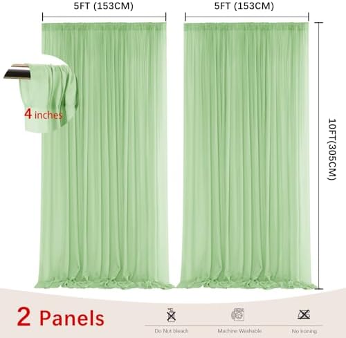 Sage Green Backdrop Curtains for Parties, Chiffon Photo Backdrop Drapes 2 Panels 5x10FT Sheer Outdoor Curtain, alternate view