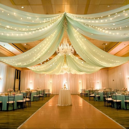 Sage Green Ceiling Drapes with Lights String for Weddings, 6 Panels 5ftx10ft Sheer Tulle Backdrop Photo
