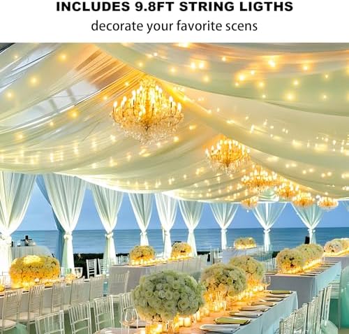 Sage Green Ceiling Drapes with Lights String for Weddings, 6 Panels 5ftx10ft Sheer Tulle Backdrop Photo, alternate view 3