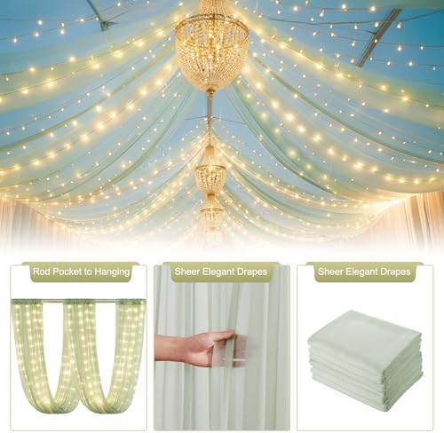 Sage Green Ceiling Drapes with Lights String for Weddings, 6 Panels 5ftx10ft Sheer Tulle Backdrop Photo, alternate view 4