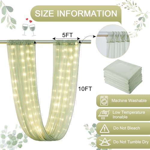 Sage Green Ceiling Drapes with Lights String for Weddings, 6 Panels 5ftx10ft Sheer Tulle Backdrop Photo, alternate view 5