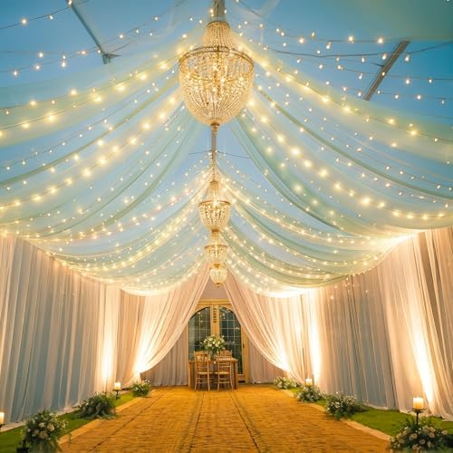 Sage Green Ceiling Drapes with Lights String for Weddings, 6 Panels 5ftx30ft Sheer Tulle Backdrop Photo