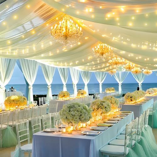 Sage Green Ceiling Drapes with Lights String for Weddings, 6 Panels 5ftx30ft Sheer Tulle Backdrop Photo, alternate view 3