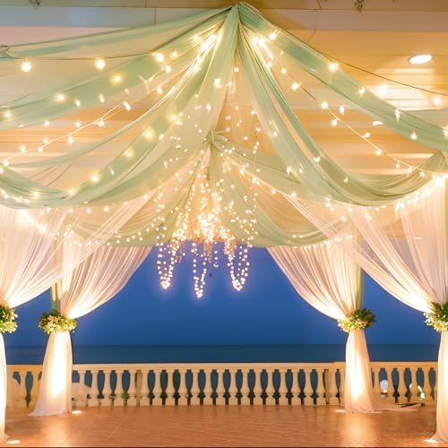 Sage Green Ceiling Drapes with Lights String for Weddings, 6 Panels 5ftx30ft Sheer Tulle Backdrop Photo, alternate view 5