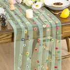 Sage Green Embroidery Daisy Gauze Table Runner 120 Inch 10FT in 28" x 120" in Sage Green
