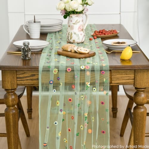 Sage Green Embroidery Daisy Gauze Table Runner 120 Inch 10FT in 28" x 120" in Sage Green, alternate view 2