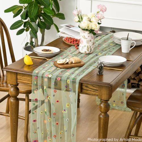 Sage Green Embroidery Daisy Gauze Table Runner 120 Inch 10FT in 28" x 120" in Sage Green, alternate view 4