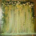 Sage Green Tulle Backdrop with Fairy Lights for Parites Wrinkle-Free Sheer Curtain Drapes Photo Back Drop for