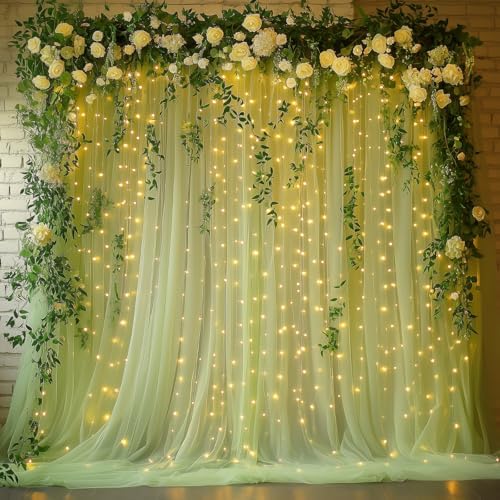 Sage Green Tulle Backdrop with Fairy Lights for Parites Wrinkle-Free Sheer Curtain Drapes Photo Back Drop for