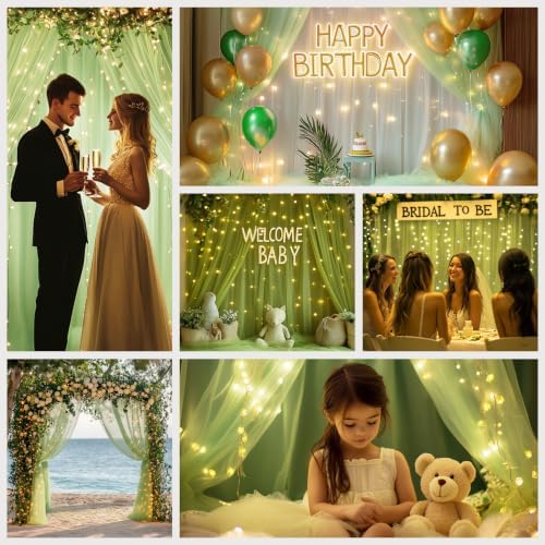 Sage Green Tulle Backdrop with Fairy Lights for Parites Wrinkle-Free Sheer Curtain Drapes Photo Back Drop for, alternate view