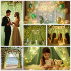 Sage Green Tulle Backdrop with Fairy Lights for Parites Wrinkle-Free Sheer Curtain Drapes Photo Back Drop for, alternate view