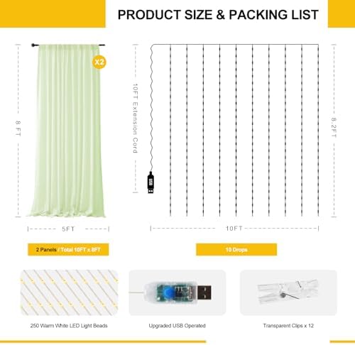 Sage Green Tulle Backdrop with Fairy Lights for Parites Wrinkle-Free Sheer Curtain Drapes Photo Back Drop for, alternate view