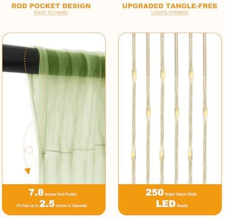 Sage Green Tulle Backdrop with Fairy Lights for Parites Wrinkle-Free Sheer Curtain Drapes Photo Back Drop for, alternate view