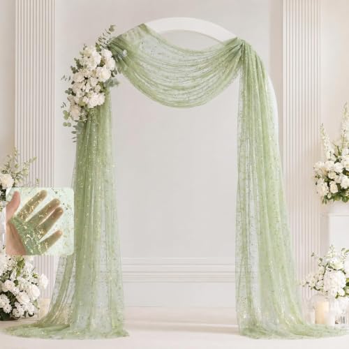 Sage Green Wedding Arch Draping Fabric 1 Panel 28" x 20FT, Glitter Sheer Backdrop Drapes for Wedding Ceremony