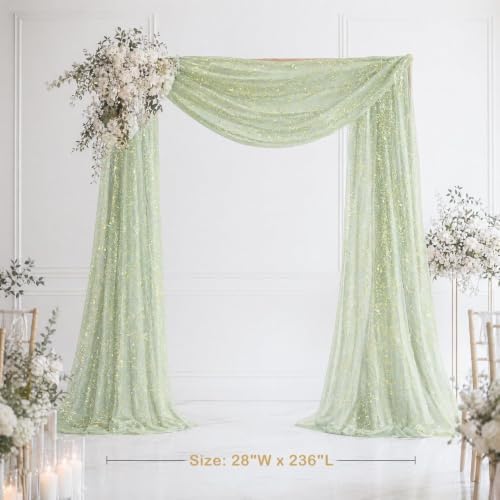 Sage Green Wedding Arch Draping Fabric 1 Panel 28" x 20FT, Glitter Sheer Backdrop Drapes for Wedding Ceremony, alternate view