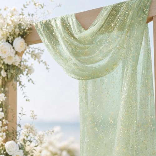 Sage Green Wedding Arch Draping Fabric 1 Panel 28" x 20FT, Glitter Sheer Backdrop Drapes for Wedding Ceremony, alternate view