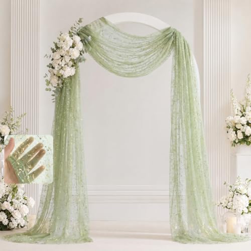 Sage Green Wedding Arch Draping Fabric 2 Panels 28" x 20 FT, Glitter Sheer Backdrop Drapes for Wedding Ceremony