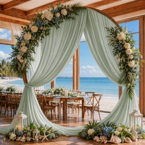 Sage Green Wedding Arch Draping Fabric Sheer Curtain Drapes 3 Panels | 20 ft Extra Long Shimmery Backdrop, alternate view 3