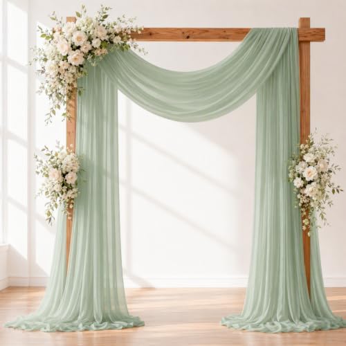 Sage Green Wedding Arch Draping Fabric Sheer Curtain Drapes 4 Panels | 20 ft Extra Long Shimmery Backdrop