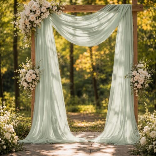 Sage Green Wedding Arch Draping Fabric Sheer Curtain Drapes 4 Panels | 20 ft Extra Long Shimmery Backdrop, alternate view 2
